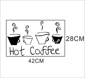 Hot coffee wall sticker decal with four illustrated cups and cafe lettering 42x28cm