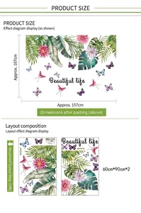 Tropical green plants and butterflies wall stickers set with Beautiful Life lettering