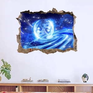 Detail view of 3D galaxy wall sticker showing deep space planets and broken wall effect