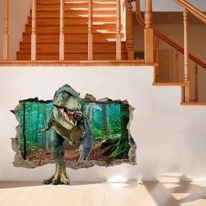 Sticker mural 3D T-Rex montrant un dinosaure traversant un mur dans un intérieur