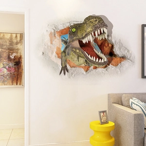 3D realistic dinosaur wall decal breaking through wall for kids bedroom and living room decor