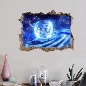 Detailed view of a 3D cracked wall sticker showing a glowing planet and cosmic galaxy