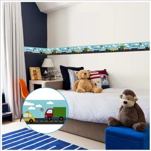 Cartoon transportation wall border sticker with cars and buses for kids room decor
