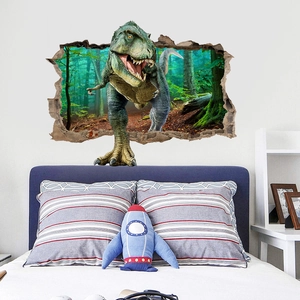 Sticker mural 3D dinosaure T-Rex traversant un mur blanc pour décoration chambre d'enfant