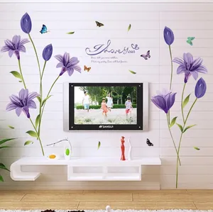 Sticker Mural Fleur de Lis Violette et Papillon en PVC Imperméable Amovible Décalcomanie Florale pour Salon Chambre Décoration Intérieure Romantique
