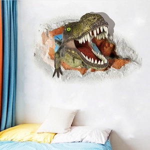Sticker mural dinosaure 3D traversant un mur de briques pour chambre d'enfant
