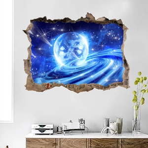 Detailed 3D cosmic galaxy wall decal showing a glowing planet and nebula on white wall