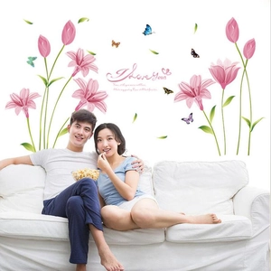 Pink Lily Tulip Flower Wall Sticker With Colored Butterfly Removable PVC Wall Decals For Living Room Bedroom TV Background Home Decor