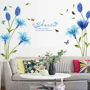 Blue Lily Flower Butterfly Wall Stickers I Love You Romantic PVC Waterproof Removable Decal For Living Room Bedroom Decor