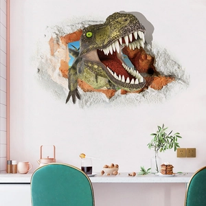 Sticker mural 3D dinosaure avec effet de mur brisé pour décoration de salon et chambre