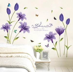 Stickers muraux élégants de lys et tulipes violets pour décoration de chambre