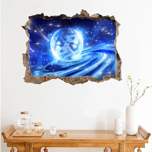 3D wall sticker showing a blue planet through a broken wall in space themed room