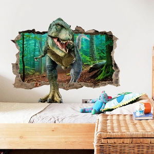 Sticker mural dinosaure 3D avec effet de brèche T-Rex pour déco chambre d'enfant