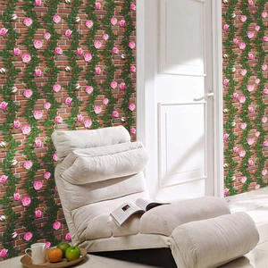 Self-adhesive wallpaper featuring red brick texture and pink rose floral vine pattern