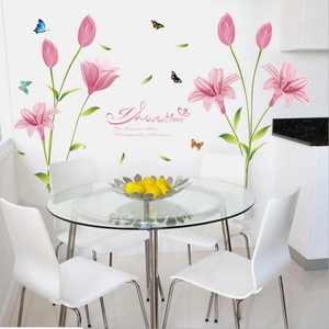 Floral wall sticker with pink lilies and butterflies for living room decoration