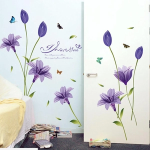 Stickers muraux fleurs de lys violettes et papillons pour décor de chambre maison
