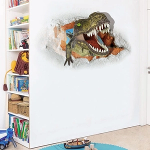 Sticker mural 3D réaliste de T-Rex montrant un dinosaure traversant un mur de briques pour chambre