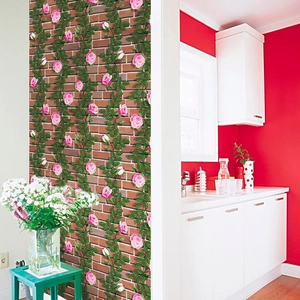 Macro detail of 3D rose flower wallpaper vines on a vintage red brick wall pattern