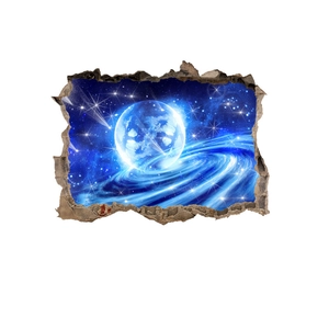 Detailed 3D wall sticker featuring a broken wall effect revealing a blue cosmic nebula galaxy
