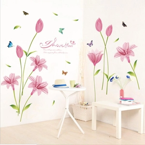 Pink lily and tulip wall stickers with butterflies and love quotes for living room decor