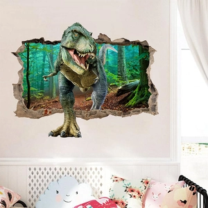 Sticker mural 3D dinosaure T-Rex effet mur brisé avec décor de jungle pour chambre