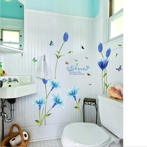 Blue lily wall decals with butterflies and romantic quotes for home decoration