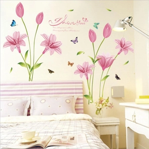 Pink lily and tulip wall stickers with butterflies for romantic bedroom decoration