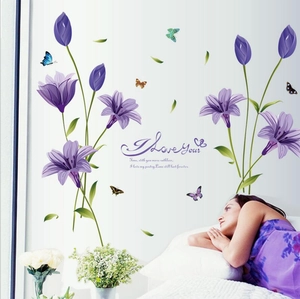 Stickers muraux de lys violets et papillons pour décoration de salon chambre