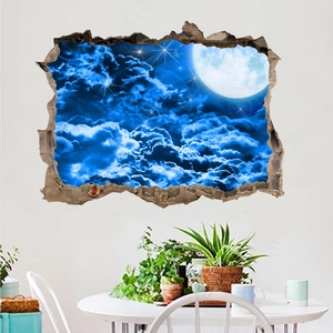 Detailed 3D broken wall decal showing a full moon and starry sky for home decor