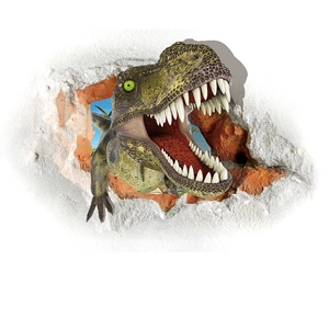 Sticker mural 3D réaliste d'un T-Rex traversant un mur de briques blanches brisé
