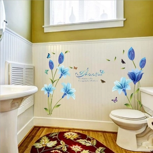 Detail view of blue lily wall stickers with butterflies and I love you text art
