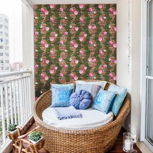 Self-adhesive 3D wallpaper with red brick texture and pink climbing rose vine pattern