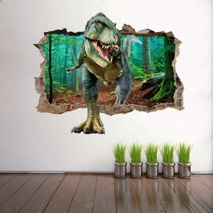 Détail d'un sticker mural dinosaure 3D avec sol en bois et petites plantes en pot