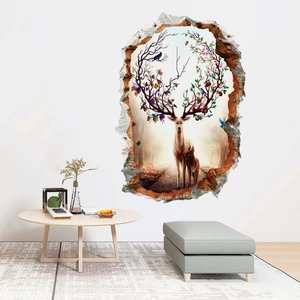 3D wall decal featuring a forest deer with floral antlers in a modern home living room decor