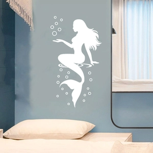 Elegant white mermaid silhouette wall decal with bubble accents for bedroom decor