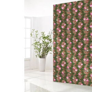 Macro detail of self-adhesive floral wallpaper with 3D rose and red brick pattern