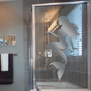 Elegant mermaid silhouette wall sticker for bathroom glass with silver bubbles decor