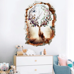 3D wall sticker featuring deer in forest with floral antlers for bedroom decoration