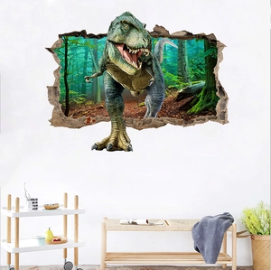 Détail d'un sticker mural 3D montrant un T-Rex traversant un mur vers la forêt