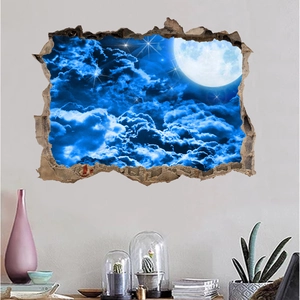 Detail of 3D galaxy wall sticker showing cracked wall effect and glowing starry night sky