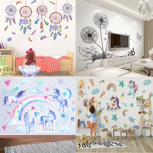 Waterproof PVC Dreamcatcher Unicorn Wall Stickers Romantic Watercolor Feather Dandelion Wall Decals For Kids Bedroom Home Decor