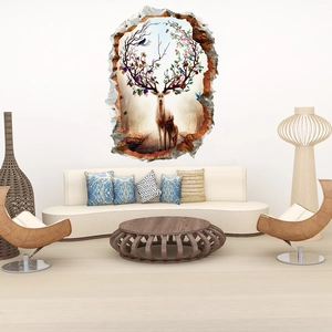3D cracked wall decal featuring floral deer and a forest path in a living room