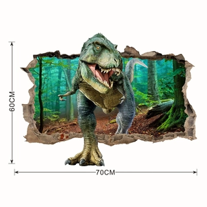Sticker mural 3D Tyrannosaure avec paysage de jungle perçant un mur de briques, 70x60cm