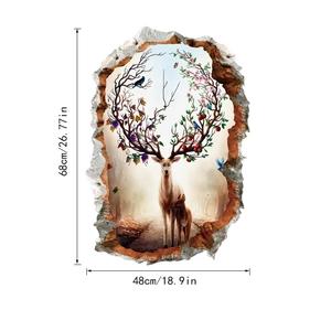 Detail showing 3D deer wall sticker dimensions 68x48cm with floral antlers and birds