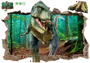Détail du sticker mural 3D T-Rex montrant la texture PVC et le décor de forêt réaliste