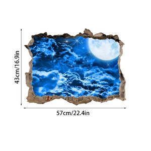 Detail of 3D cracked wall sticker showing dimensions 43x57cm with starry moon and clouds