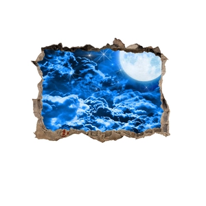 Detailed macro view of 3D cracked wall decal featuring realistic moon and starry night sky