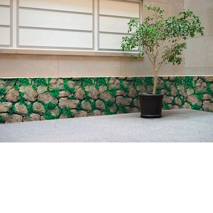 Macro detail of 3D realistic stone wall wallpaper with green moss and natural rock texture