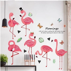 Nordic flamingo wall stickers with tropical leaves and motivational text for living room