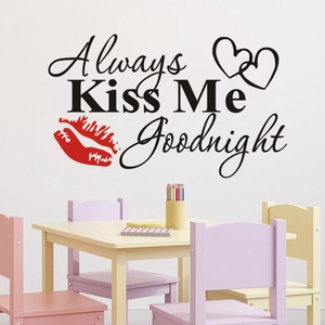 Always Kiss Me Goodnight wall sticker with red lips and hearts on pink background